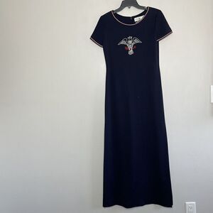 Vintage GINORI Maxi Dress Womens 10 Navy Blue Embroidered Bird Pure Virgin Wool